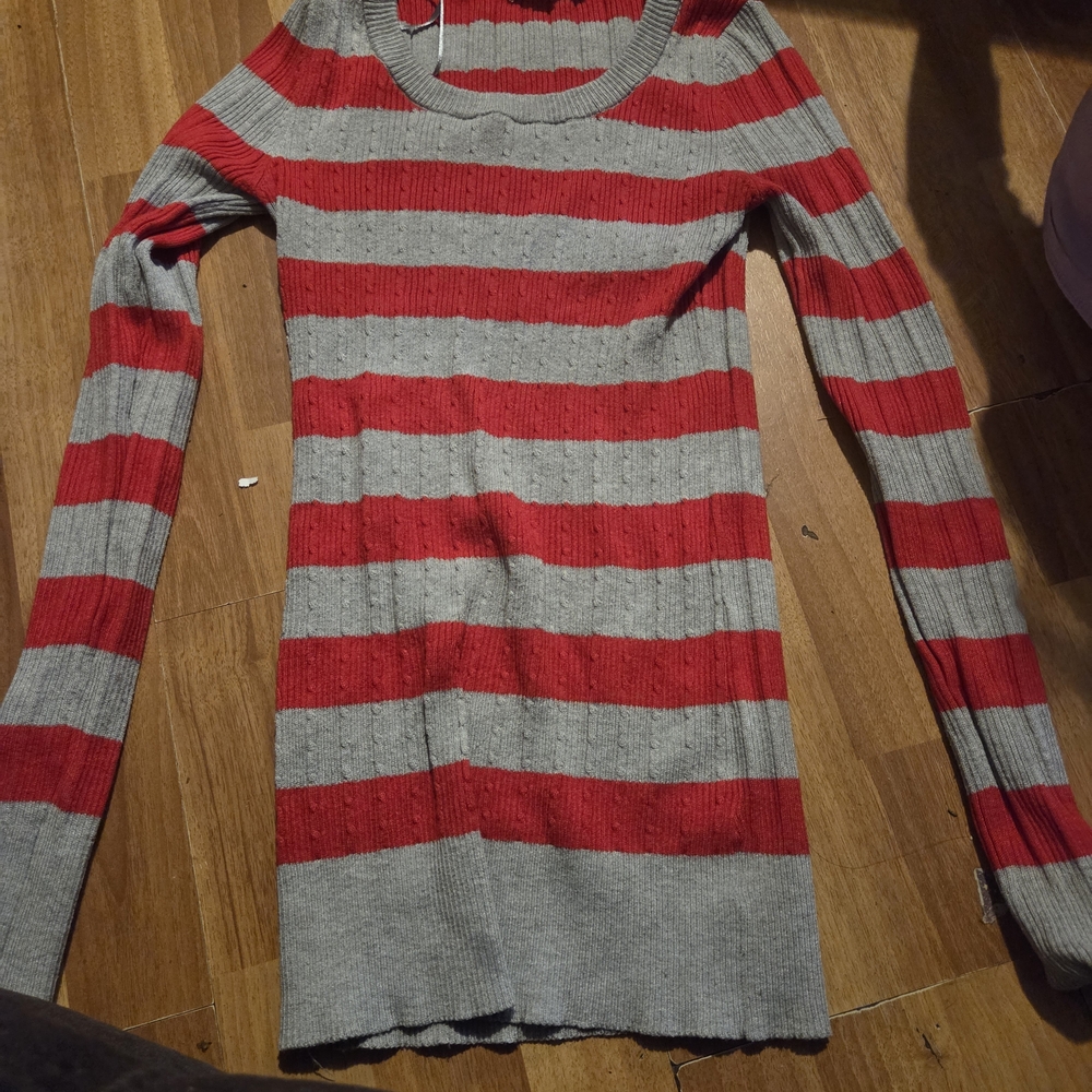 PINK Victoria's Secret Red and Gray Striped Ribbed Long Sleeve Top